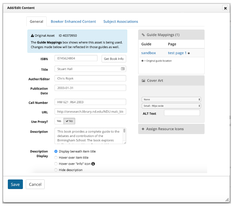 example of a book editing interface box