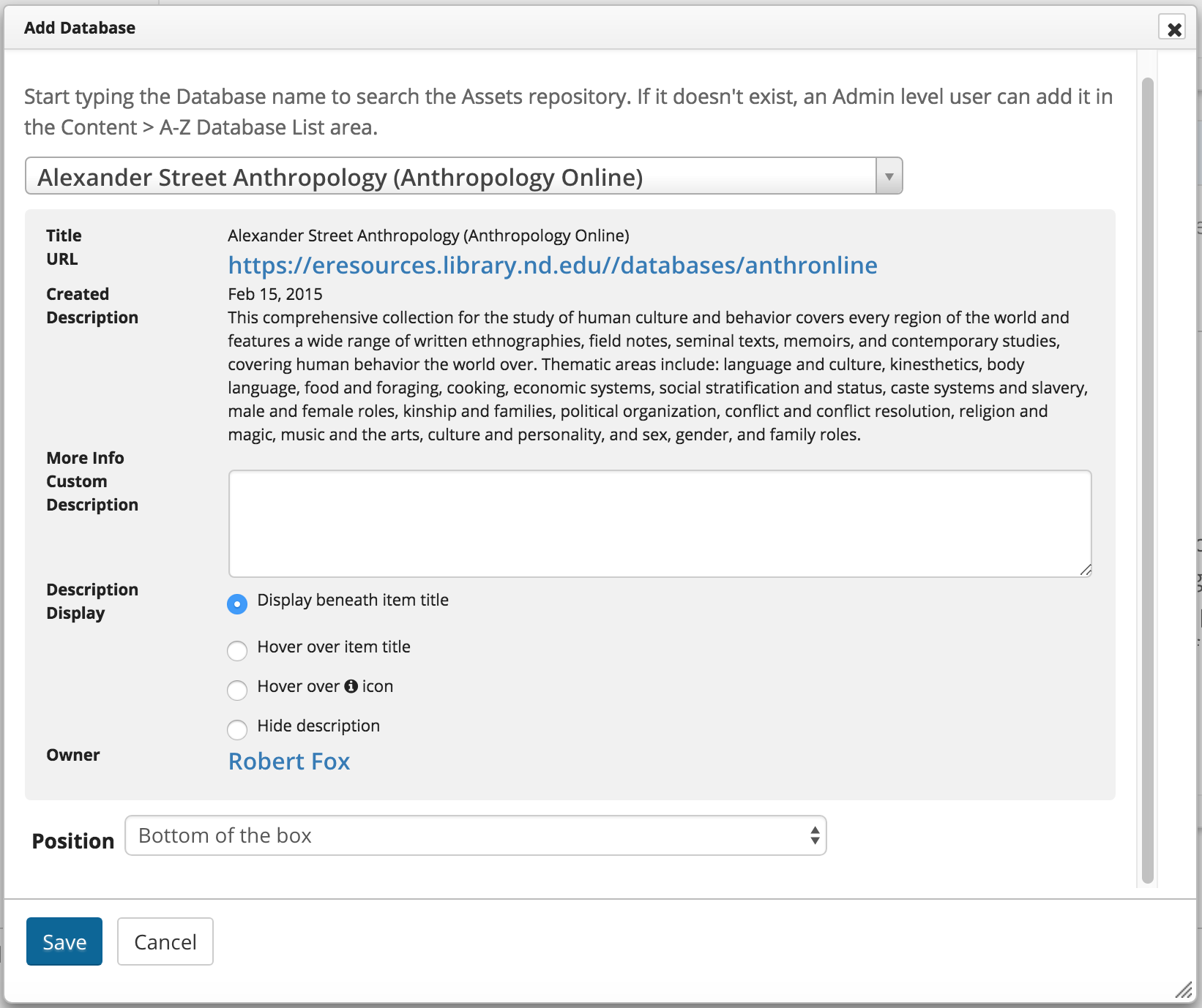 example of a database editing interface box