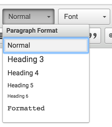 image of the LibGuides formatting menu with no H1 or H2 elements available